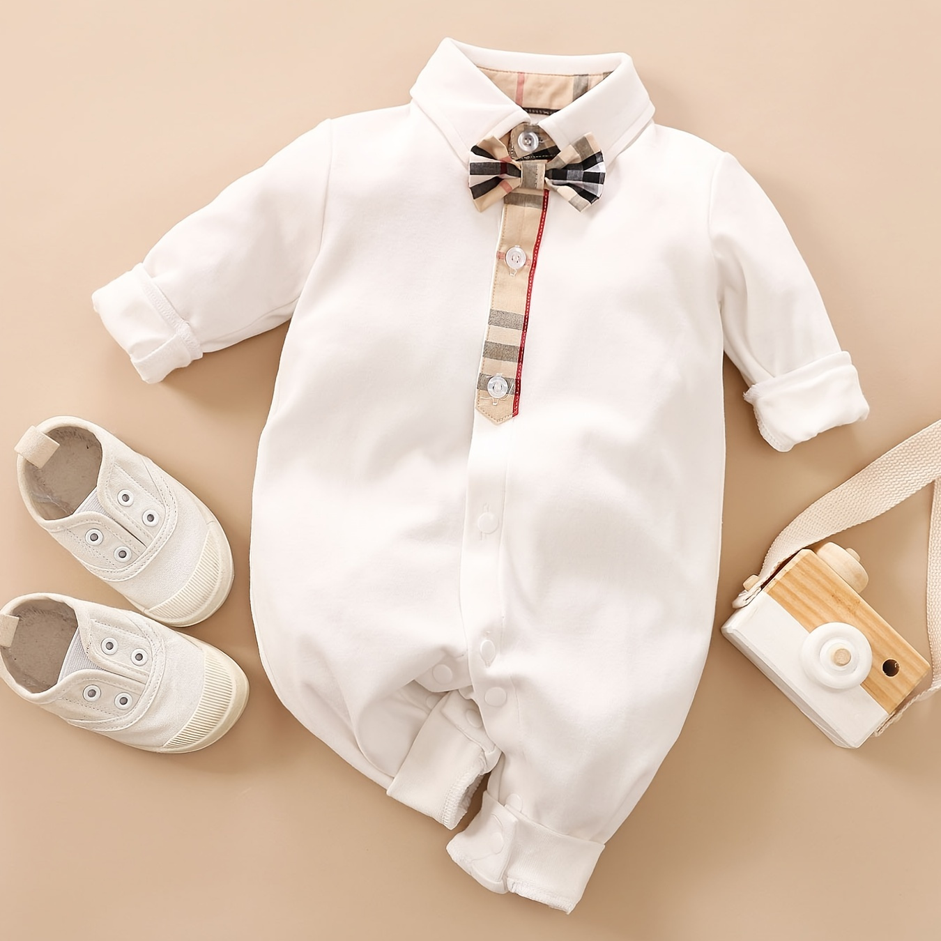 

Baby Spring Autumn Long Sleeve Lapel Jumpsuit With Bow Tie