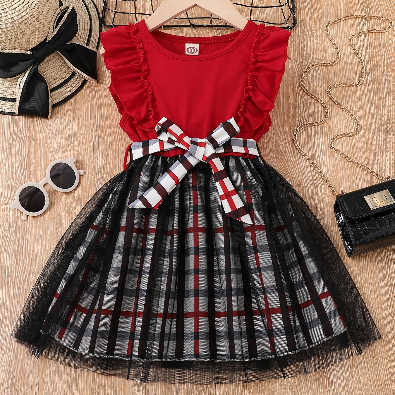 Girls Ruffle Sleeve Round Neck Plaid Print Tulle Patchwork Princess Dress With Belt Kids Summer Clothes