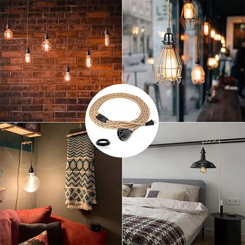 1pc industrial 15ft pendant light cord hanging light kit with switch plug in vintage fabric lamp cord with twisted hemp rope pendant lights socket set e26 e27 for pendant lamp farmhouse lamp cable diy details 3