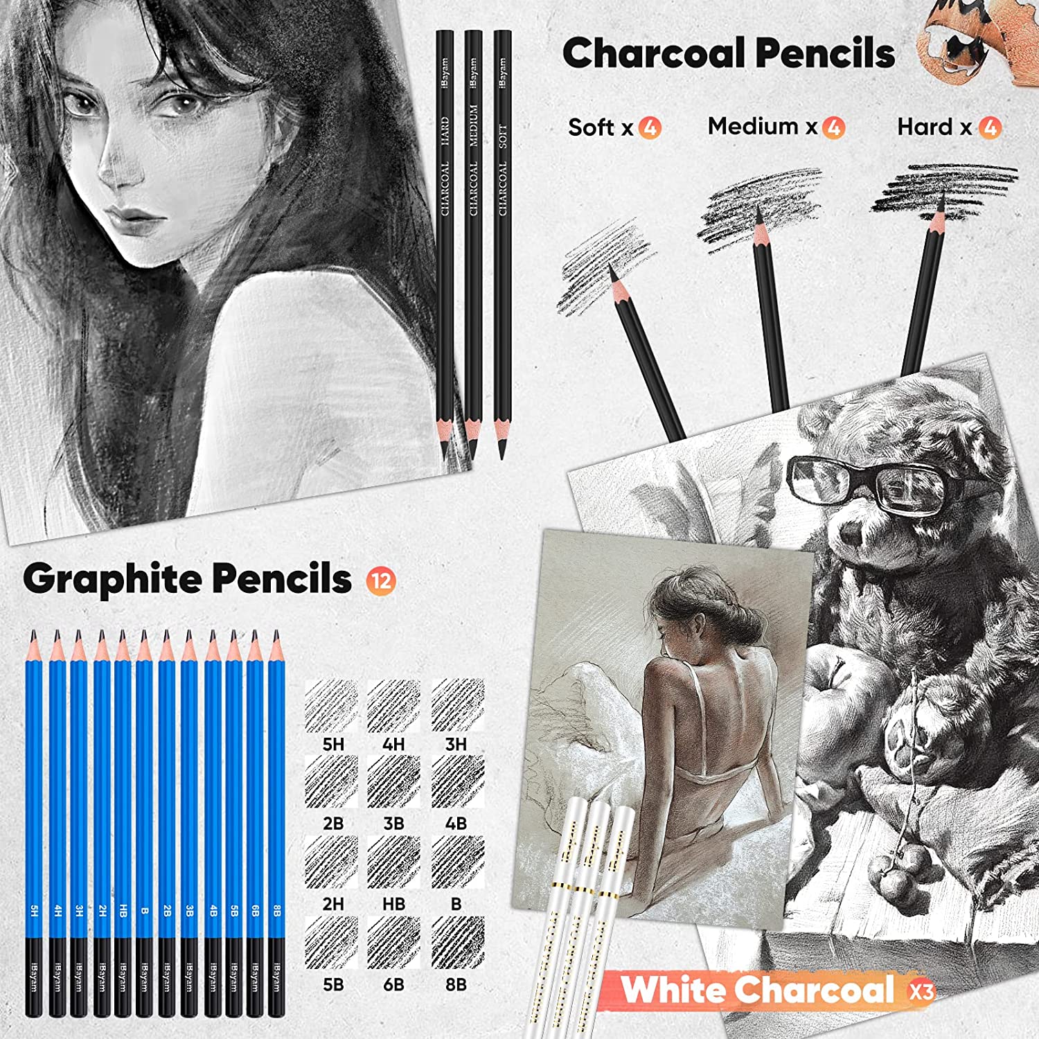 Yunfeng 35pcs Drawing and Sketching Pencil Set, Professional