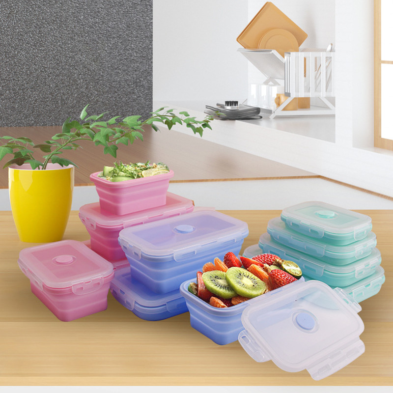 2 Cells With Cutlery Silicone Collapsible Portable Lunch Box Microwave Bowl  Food Storage Bento Lunch Container Picnic BPA Free