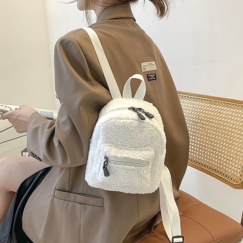Simple Small Fluffy Plush Backpack Solid Color Schoolbag With Zipper