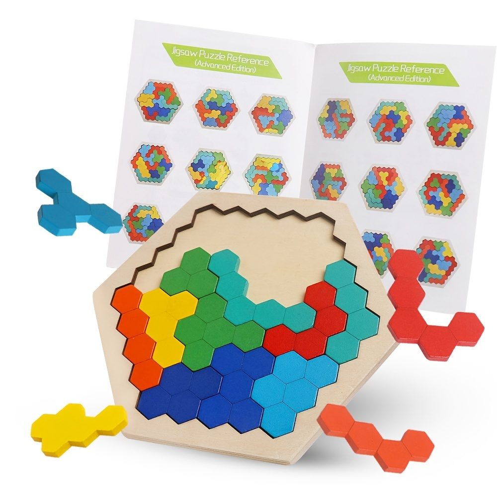 Hexágono de madeira Puzzle Para Criança Adulto Quebra-cabeça Quebra-cabeças  Desafio Toy Shape Pattern Blocks Tangram Geometria Lógica Iq Jogos Para