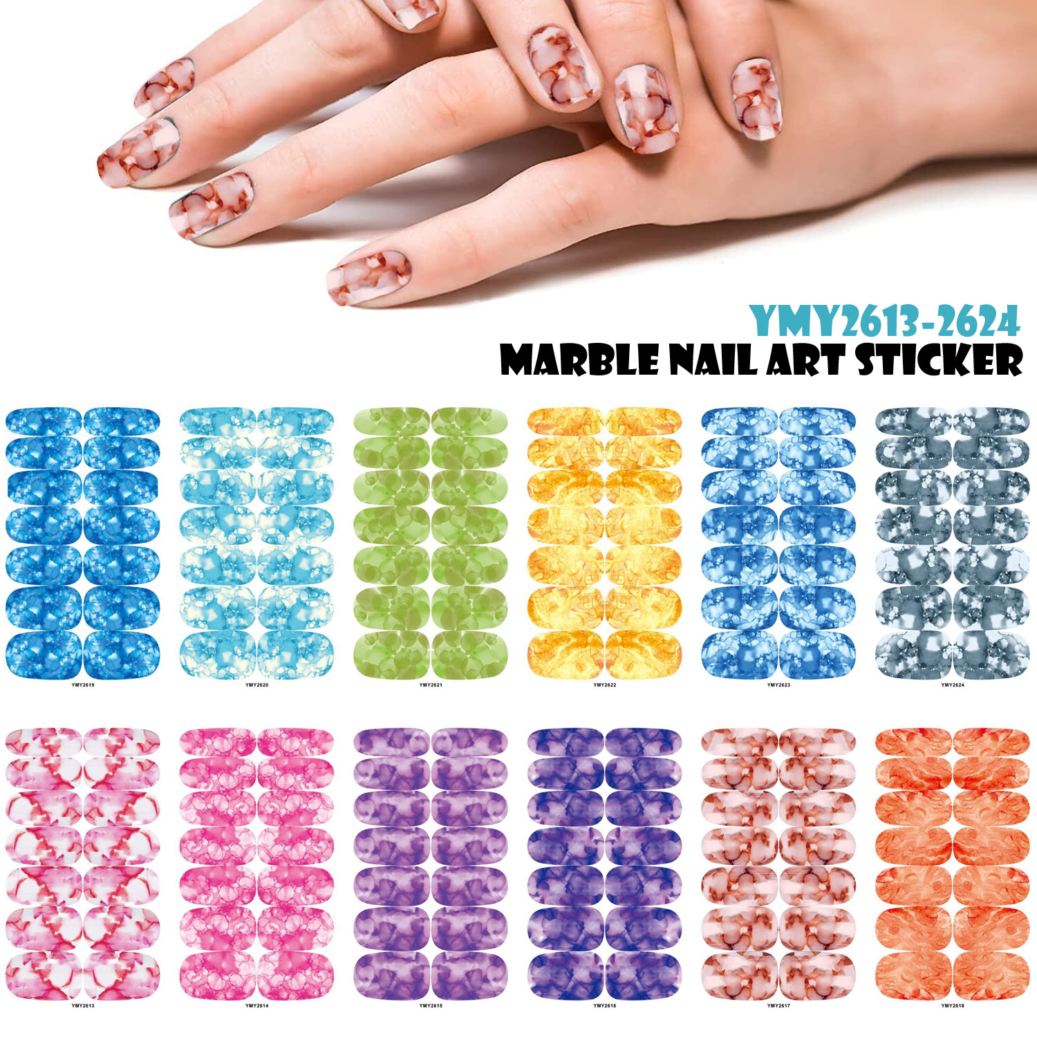 Spring Summer Full Nail Stickers, Marble Pattern Adhesive Nail Decals