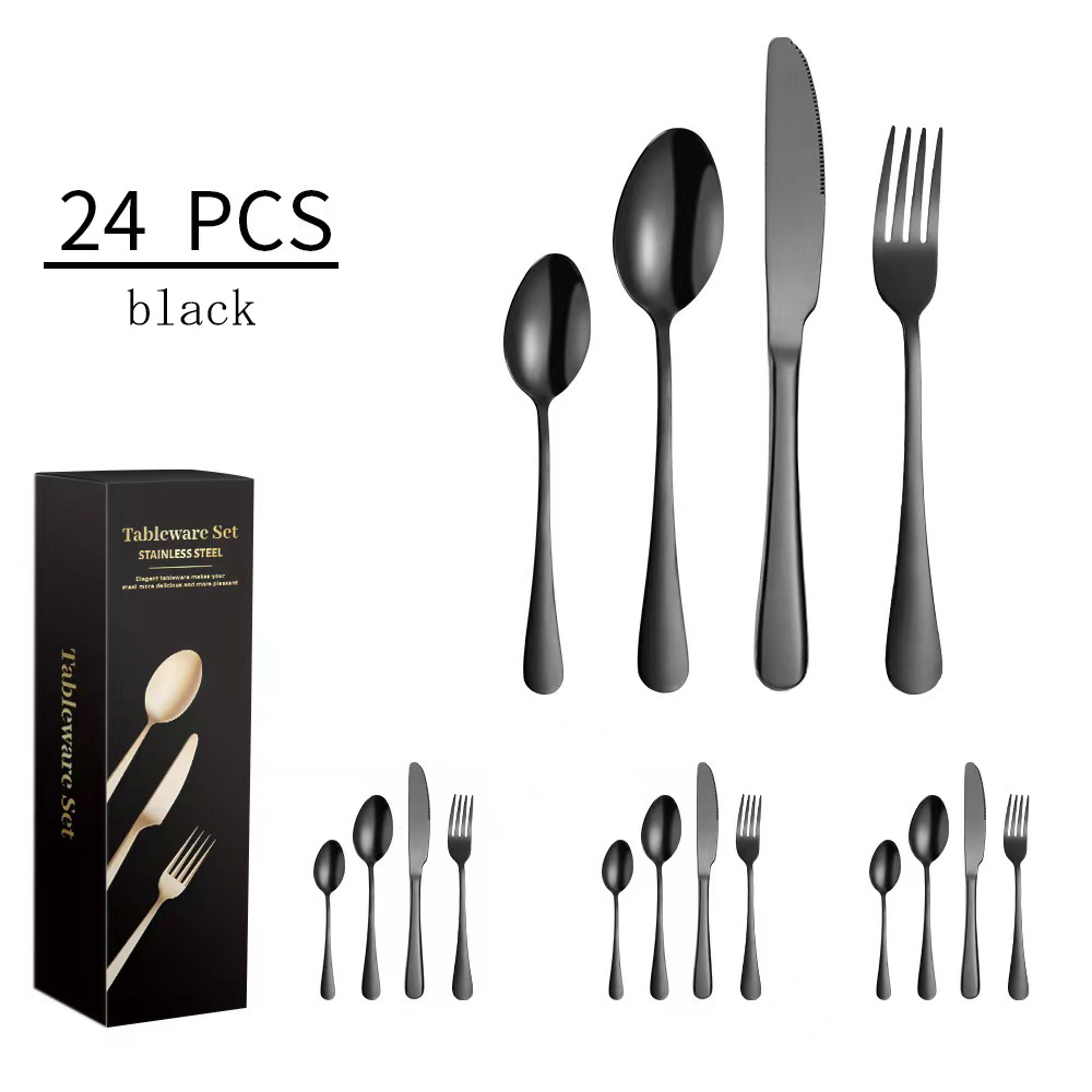 24-Pieces Complete Silverware Set with Steak Knives - Black