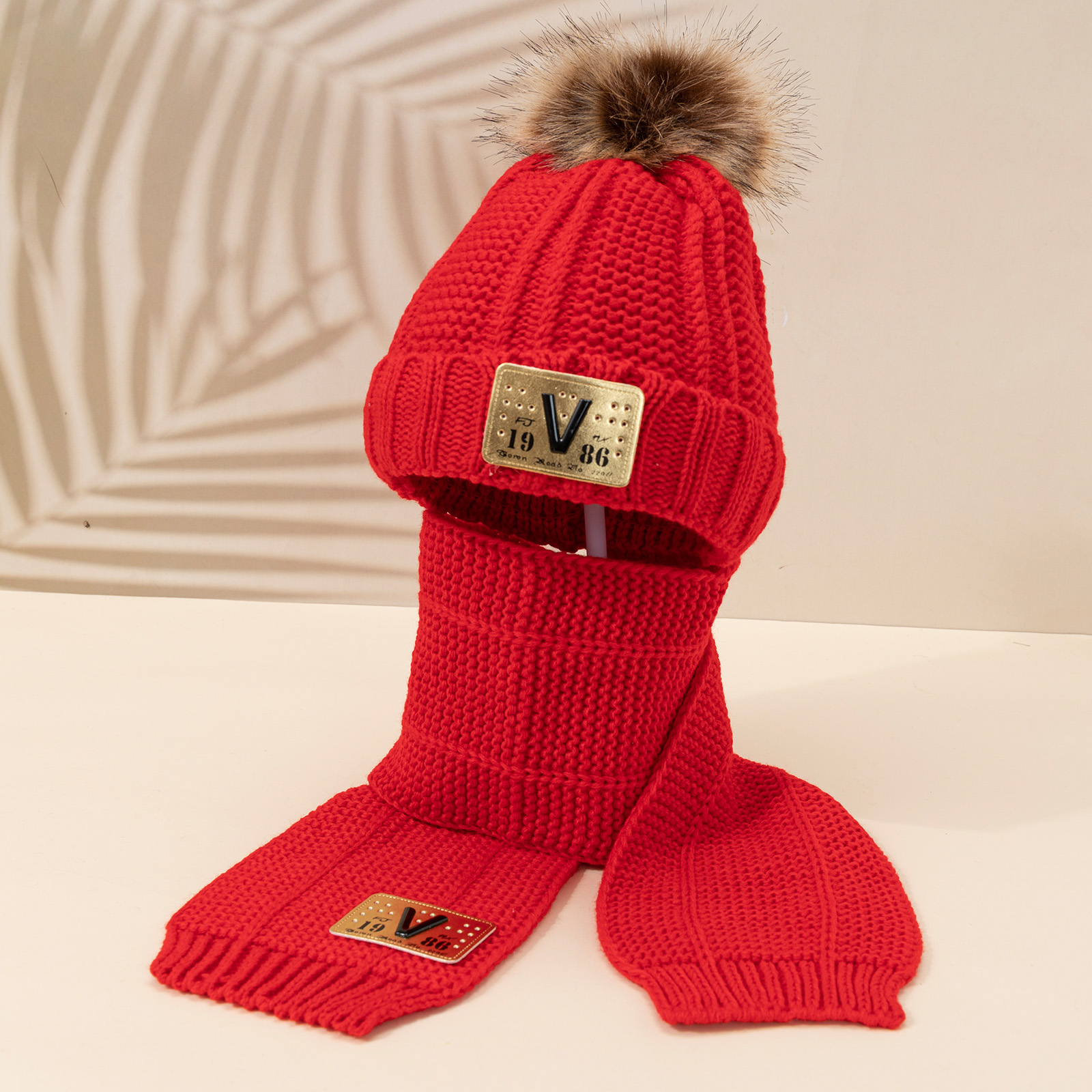 Children's Knitted Hat & Scarf Set Letter Patch Plush Thickened Warm Winter  With Pom Pom For Girls And Boys - Temu Bahrain