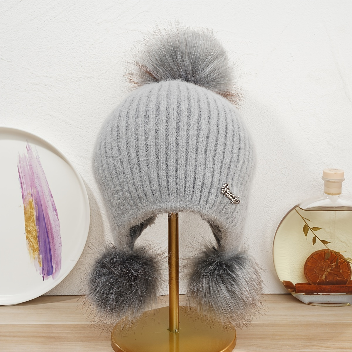 Gray Pom Pom Hat 