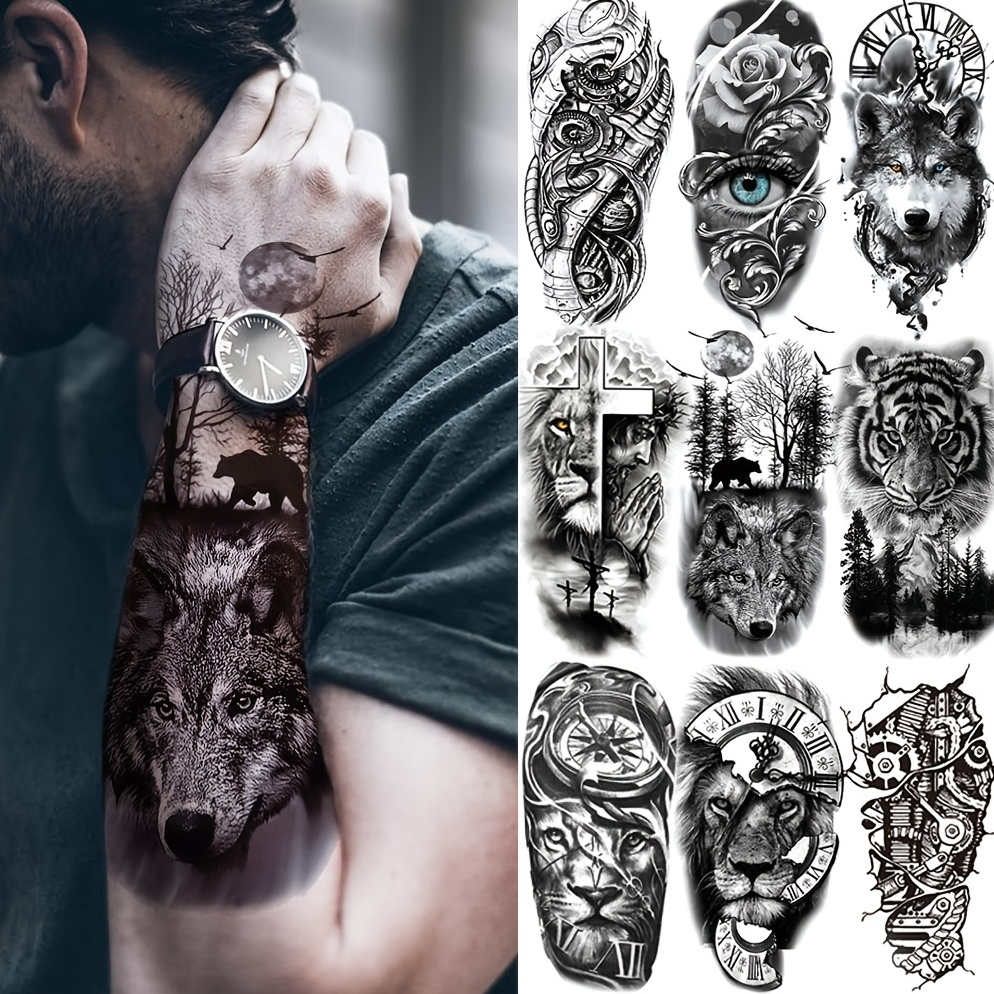 9 sheets Realistic Half Arm Tattoos Stickers - Tiger, Lion, Wolf, Snake Patterns for Adults