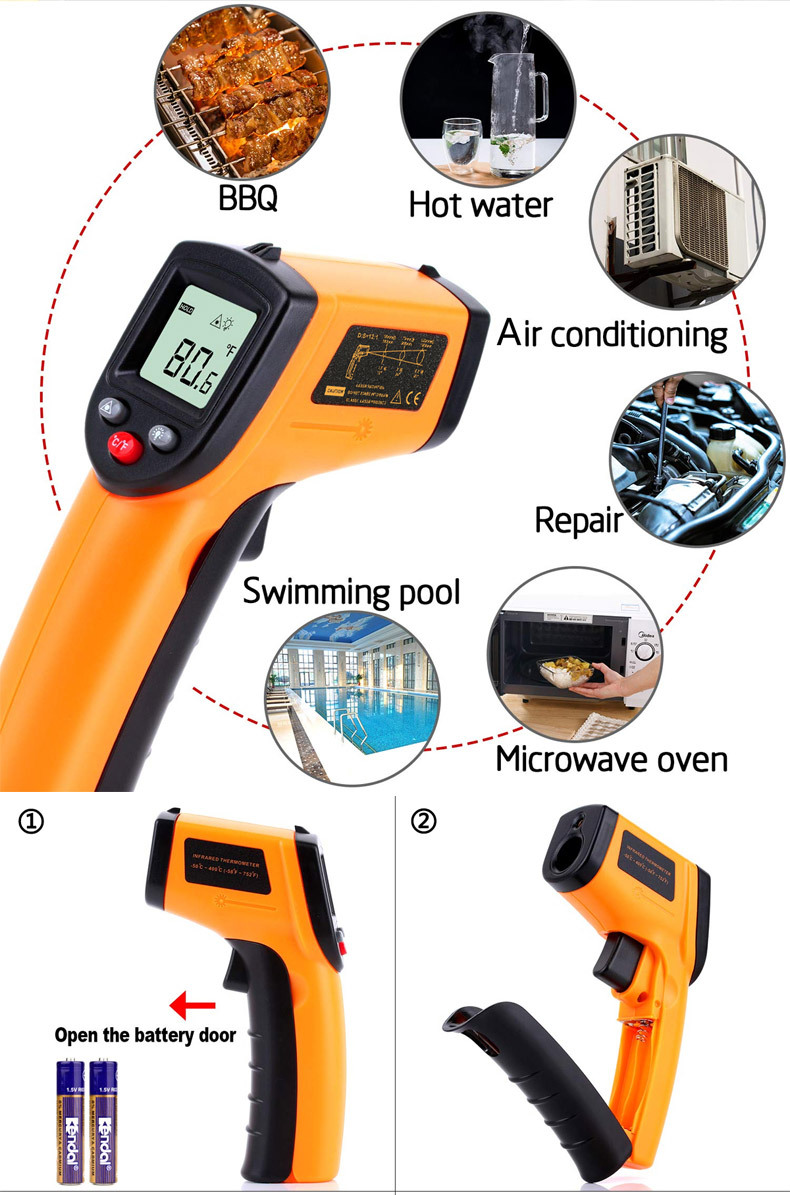 Infrared Thermometer Temperature Gun 50c ~380c Digital Laser Thermometer Gun  Ir Thermometer Temp Gun With Adjustable Emissivity & Max Min Avg Measure
