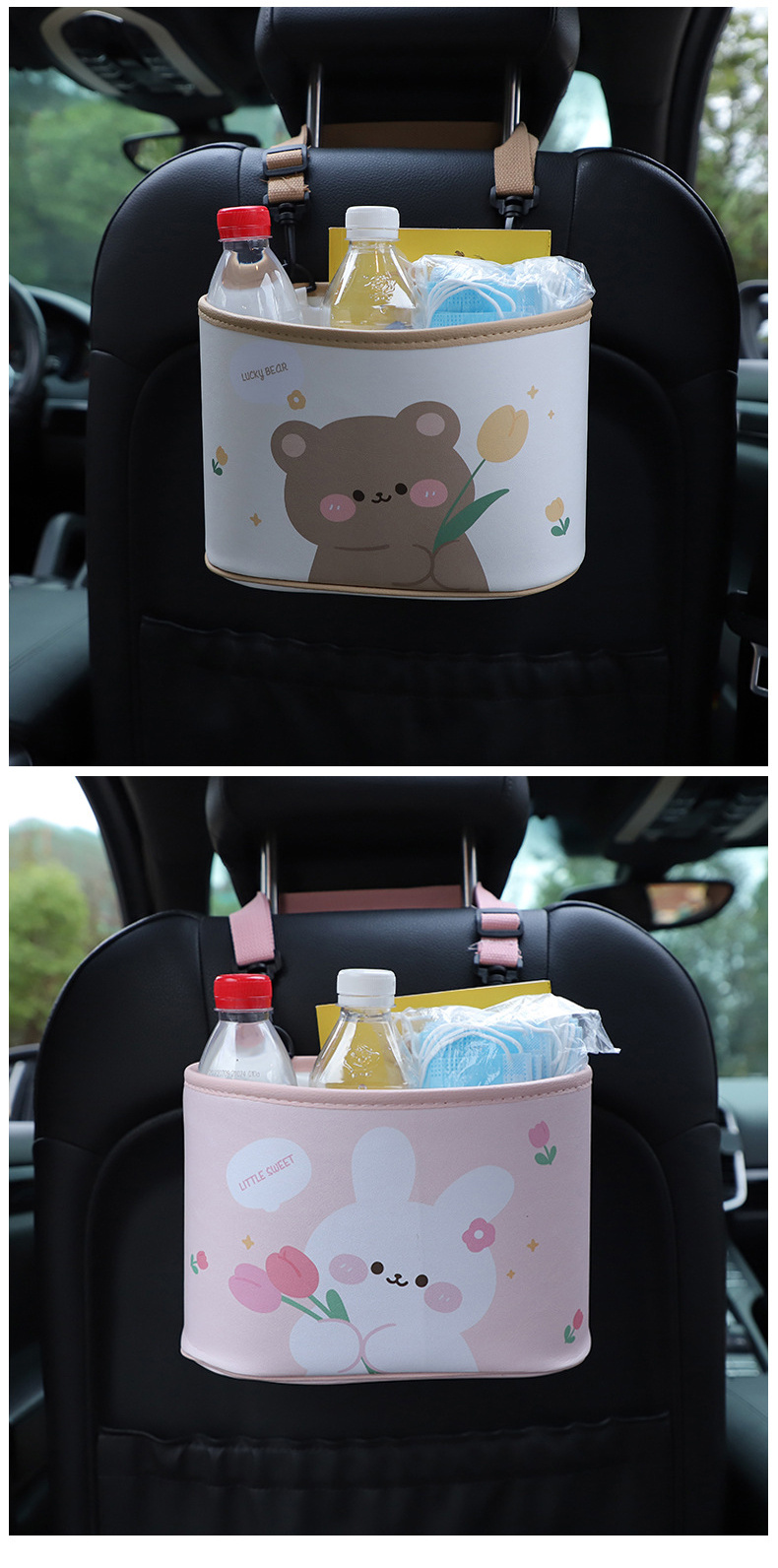 ZYYXB Car Storage Organiser Bag Hooks Cute Cartoon Bear And Rabbit