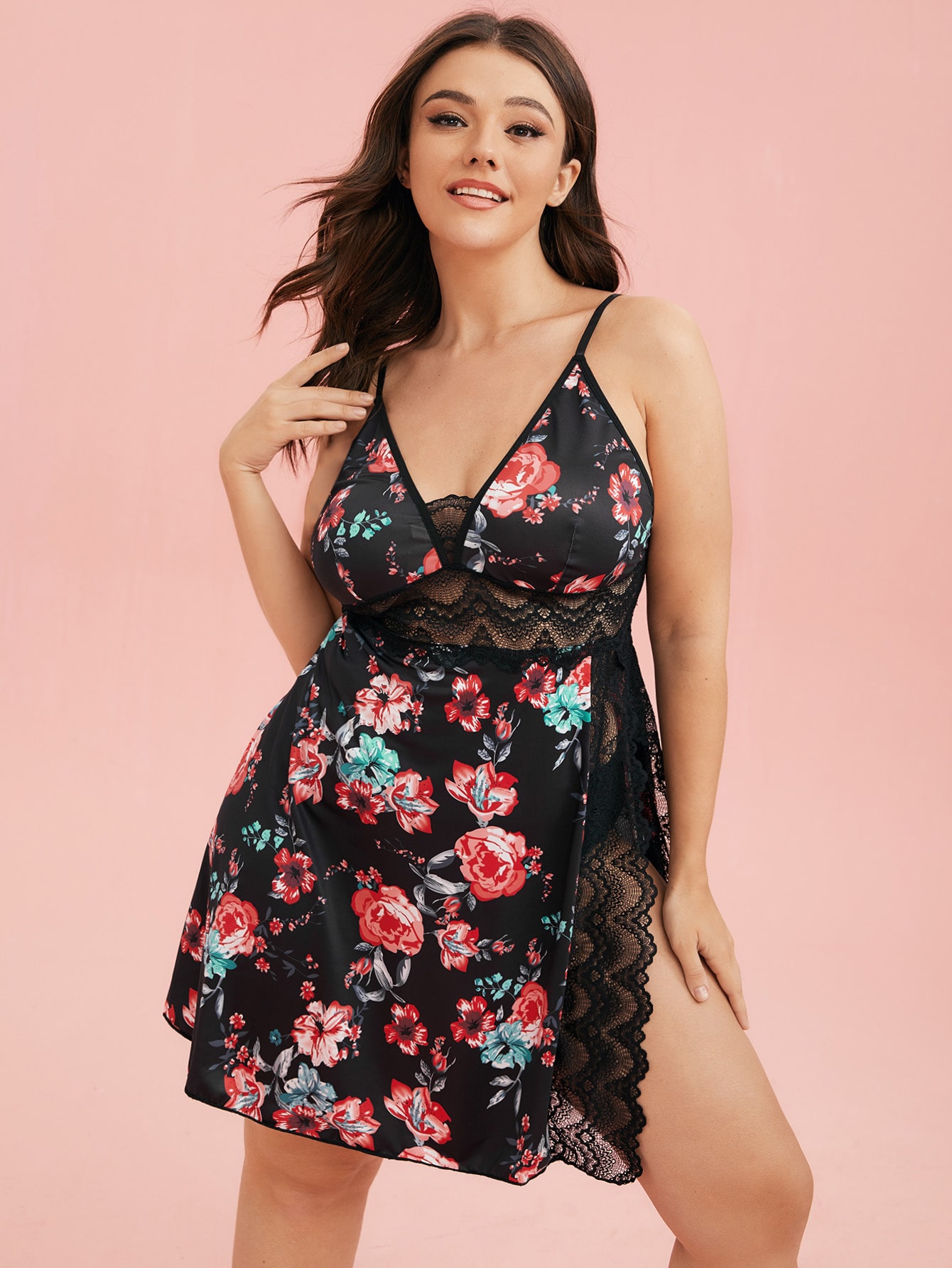 Plus Size Contrast Lace Floral Print Semi Sheer Sexy Temu