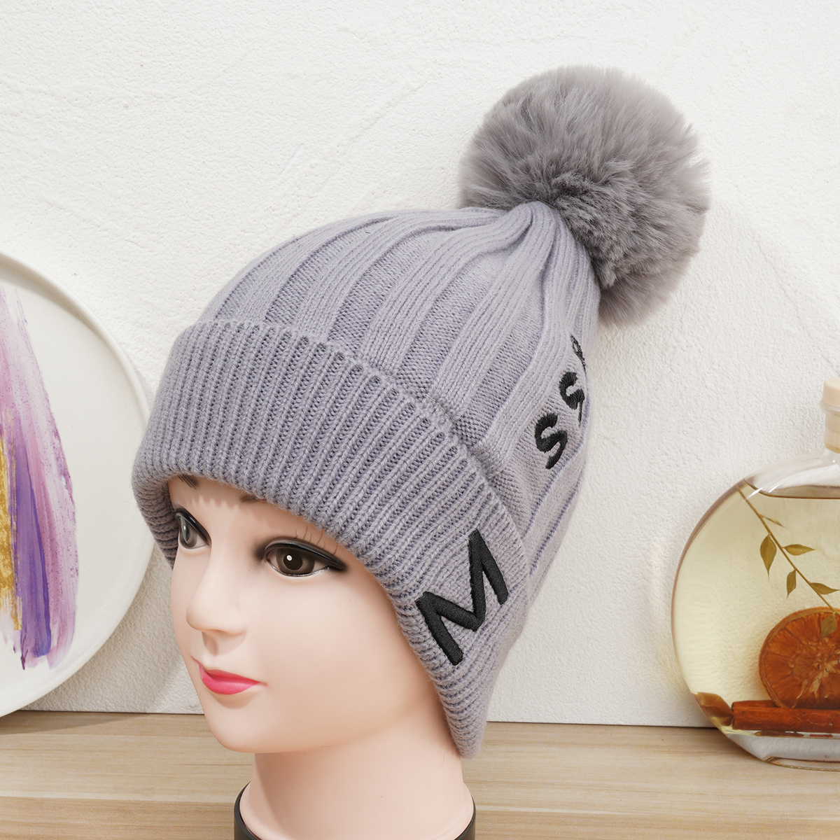 Gorro con pompón de copo de nieve gris 100% lana para mujer, gorro