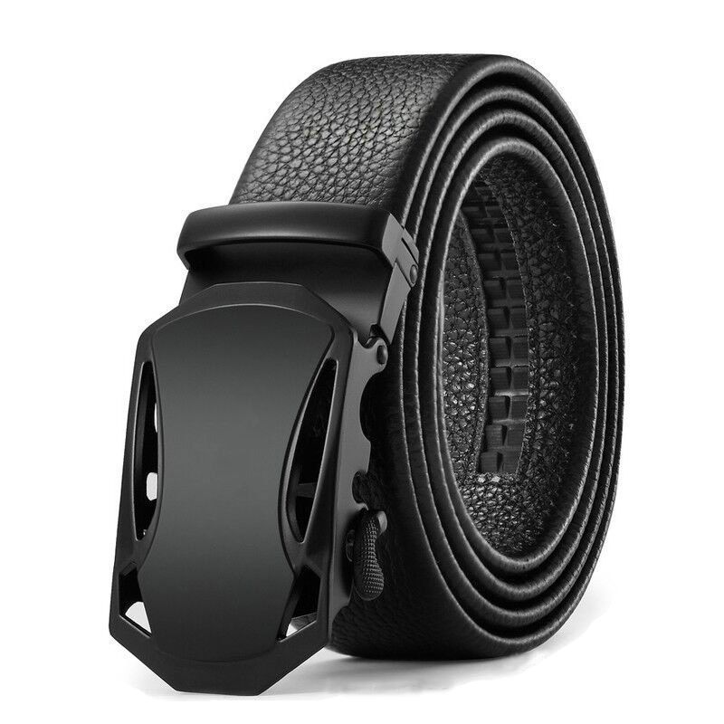 Men's Adjustable Black PU Leather Automatic  Slide  Buckle Belt details 1