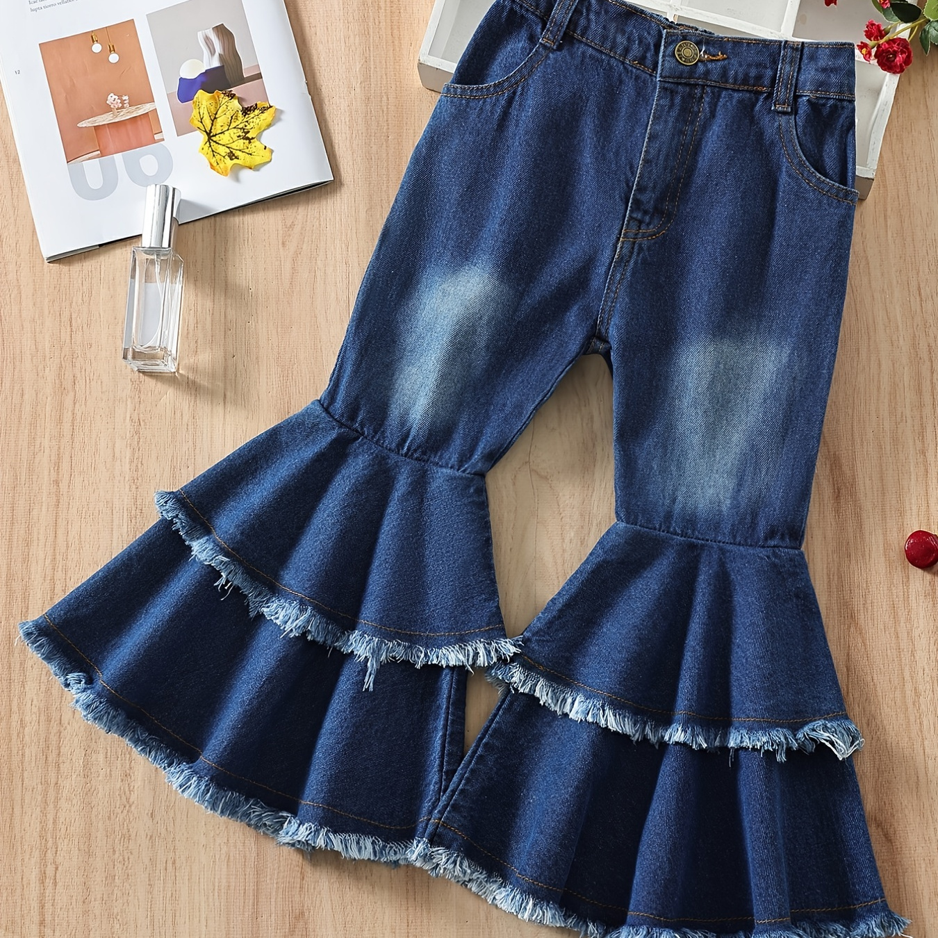 Girls Raw Hem Flare Leg Jeans, Casual Denim Pants Kids Clothes Kids Bottoms