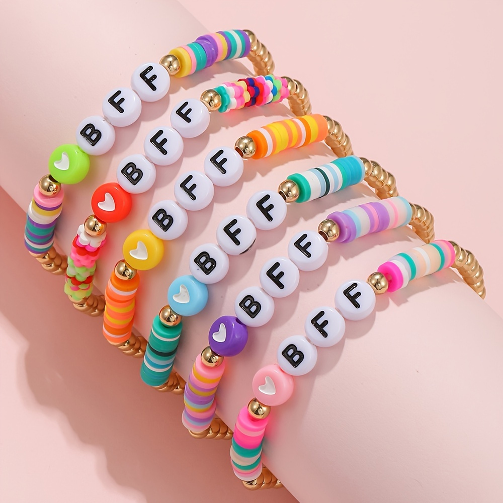 

6pcs Handmade Bff Heart Beaded Stretchy Bracelet For Girls Friendship Party Birthday Jewelry Gift