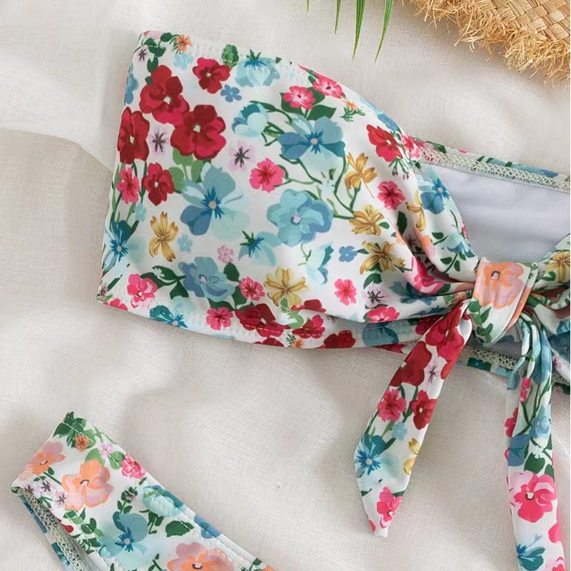 Floral Print Bandeau Bikini Sets, Knot Front Strapless Tube Top High Cut  Beachwear Two Pieces Swimsuit, Women's Swimwear & Clothing