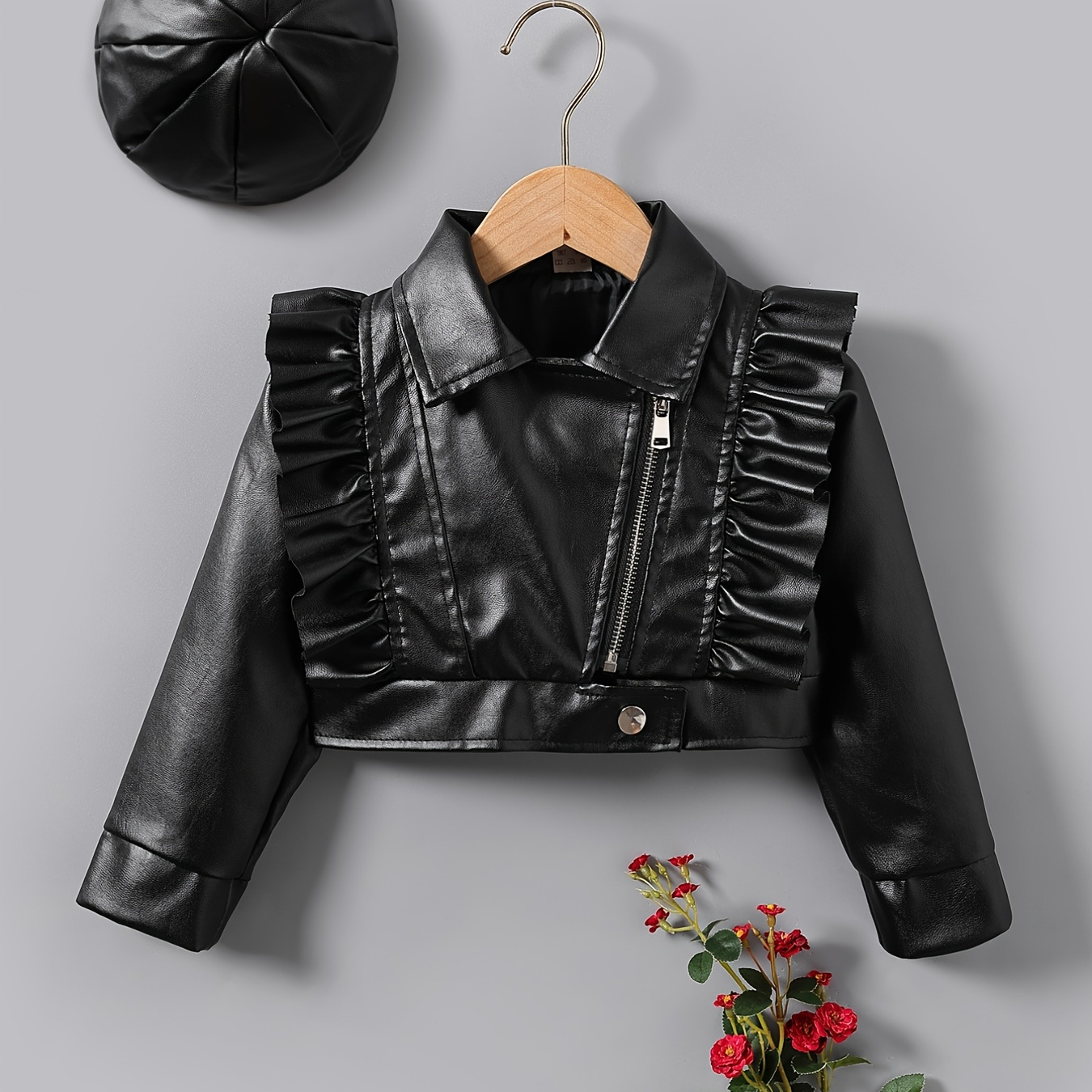 

Girls Casual Punk Style Faux Leather Cropped Jacket & Hat Set For Autumn And Winter