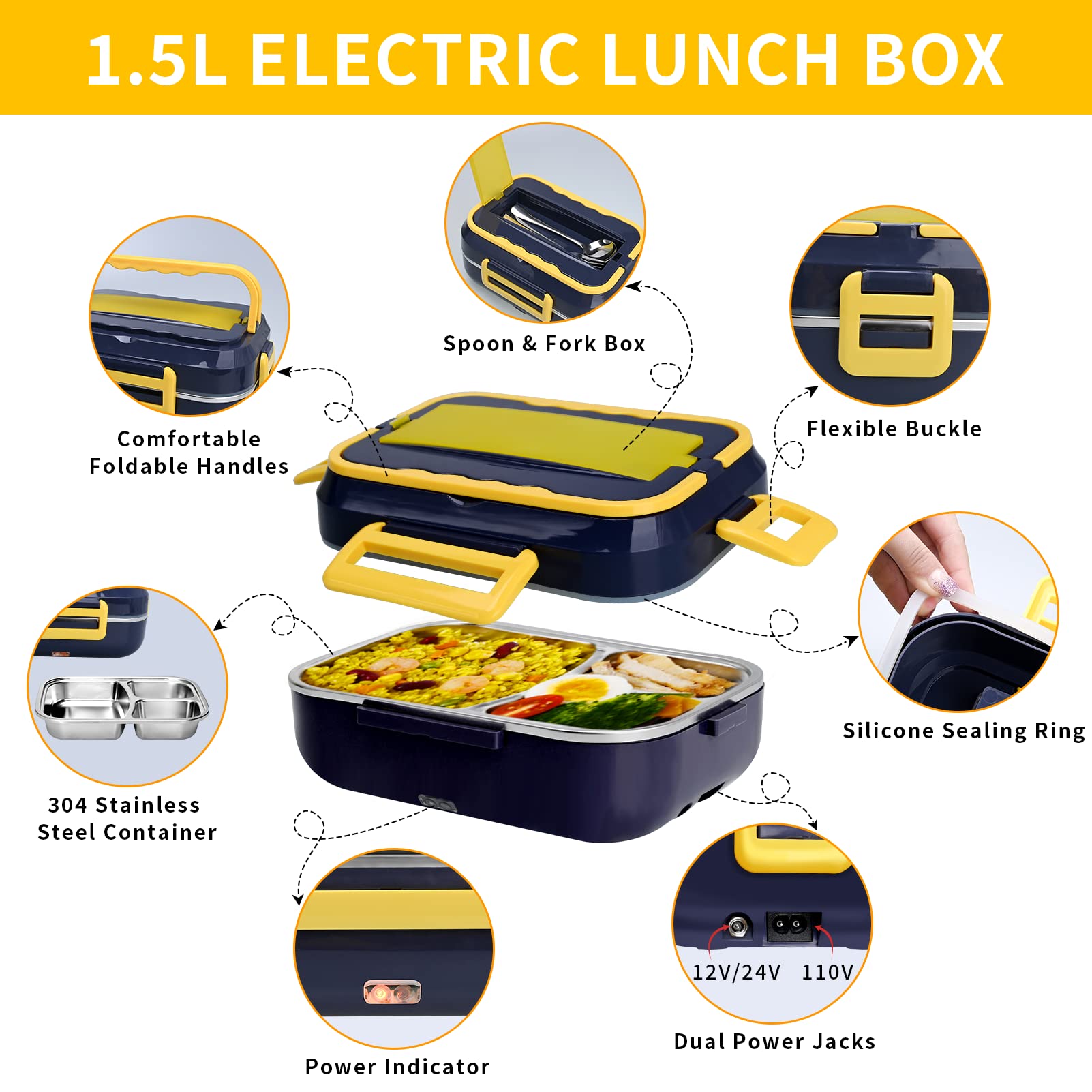 1.5L Portable Food Warmer Electric Lunch Box 304 Stainless Steel Container