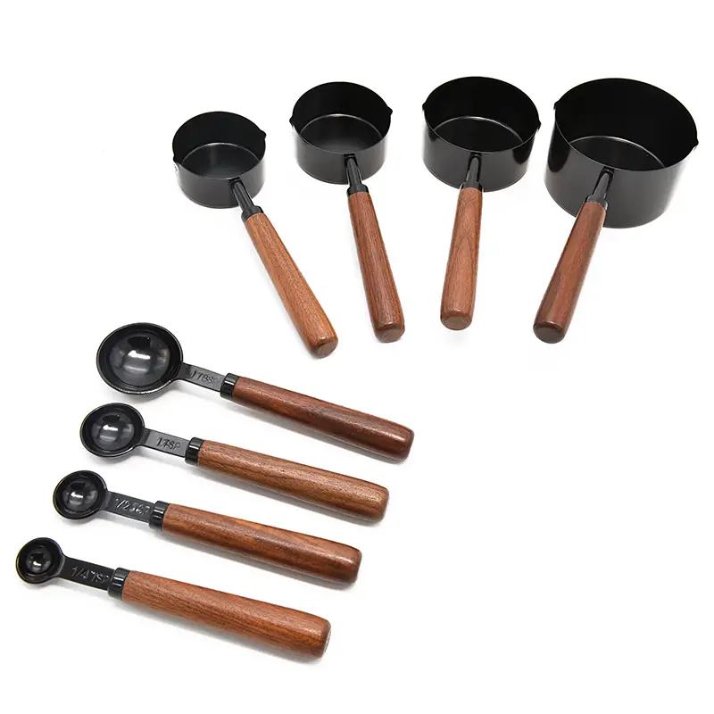 Stainless Steel Measuring Cups and Spoons Set of 8, Metal Measuring Spoons  with Wooden Handles, Liquid/Food/Kitchen/Baking