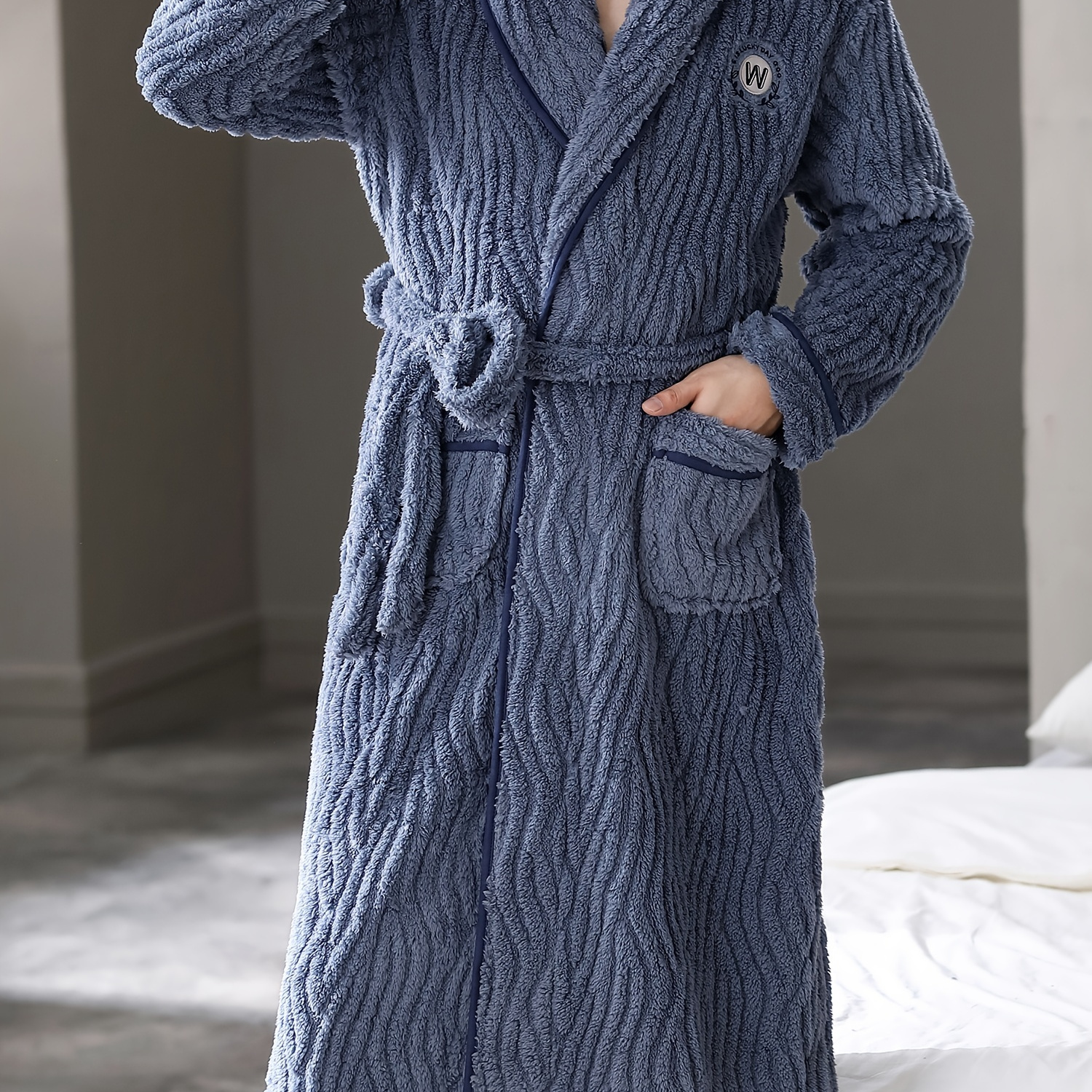 Men's Thick Fleece Thermal Belt One Piece Bathrobe, Pajamas For Winter