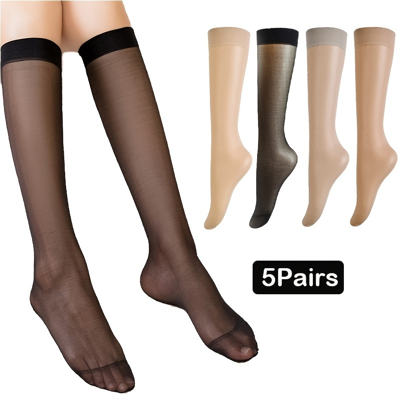 

5 Pairs Leg Length Socks, Comfortable & Breathable Semi-sheer Solid Socks, Women's Stocking & Hosiery