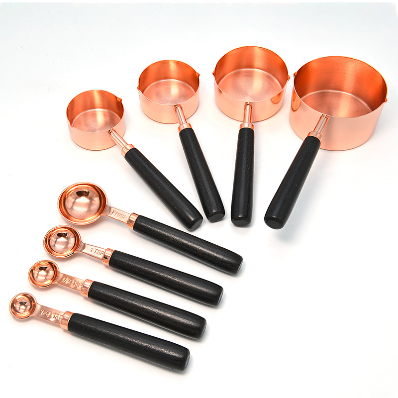 Dropship Rose Gold Measuring Cups And Spoons Set, Copper Pink Stainless  Steel Cup And Spoon With Wooden Handle, Coffee Cake Milk Baking Measuring  Cup to Sell Online at a Lower Price