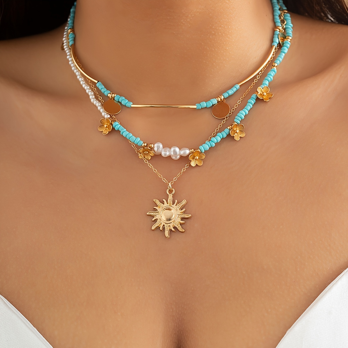

Boho Celestial Sun Flower Beaded 3pcs Necklace Set Vintage Design Fine Jewelry Party Holiday For Women Girls