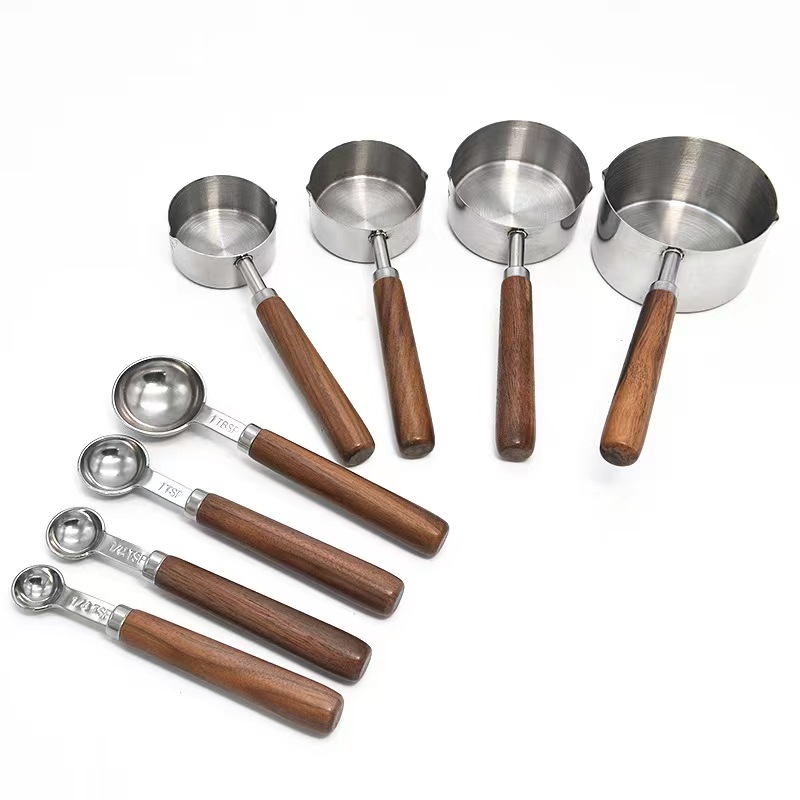 Measuring Cups And Spoons Set Of 8, Wood Handle With Metric And US