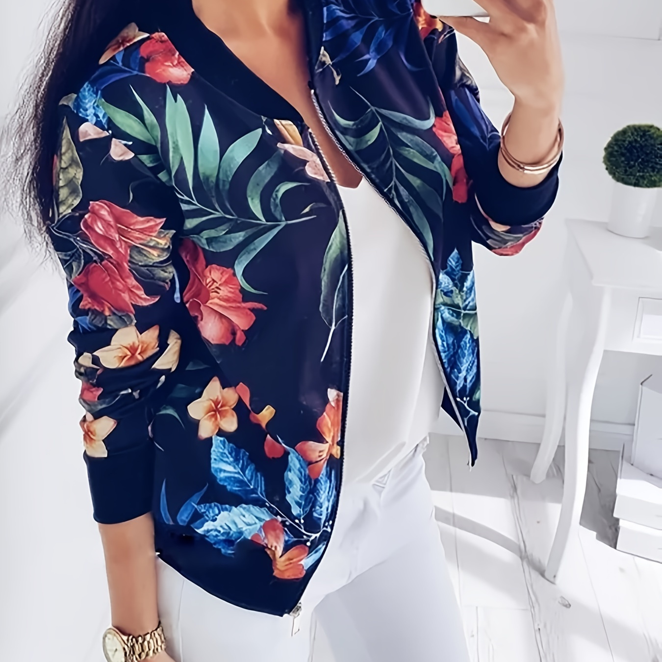 

Floral Print Zip Up Jacket, Long Sleeve Crew Neck Jacket, Casual Outerwear For Fall & Winter, Women's Clothing