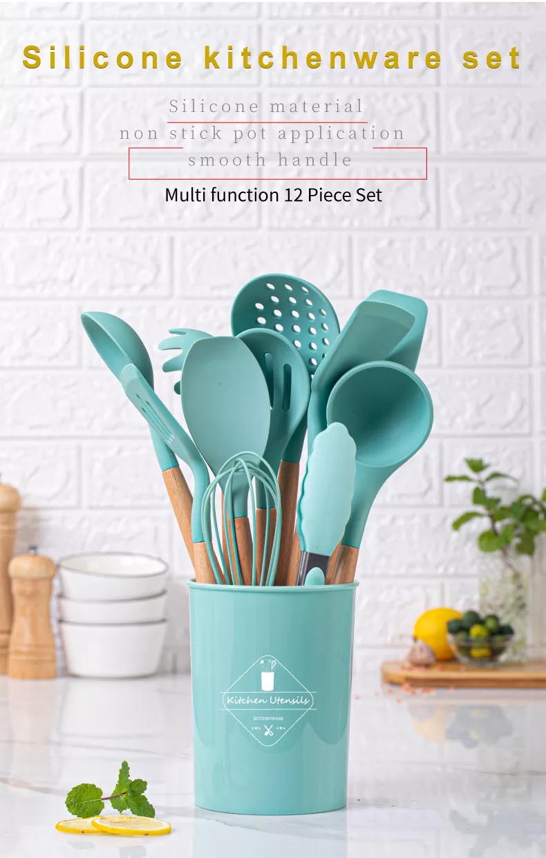 12 piezas de silicona Set utensilios de cocina , simple mango de madera  multipropósito Set de herramientas para utensilios de cocina para cocina 