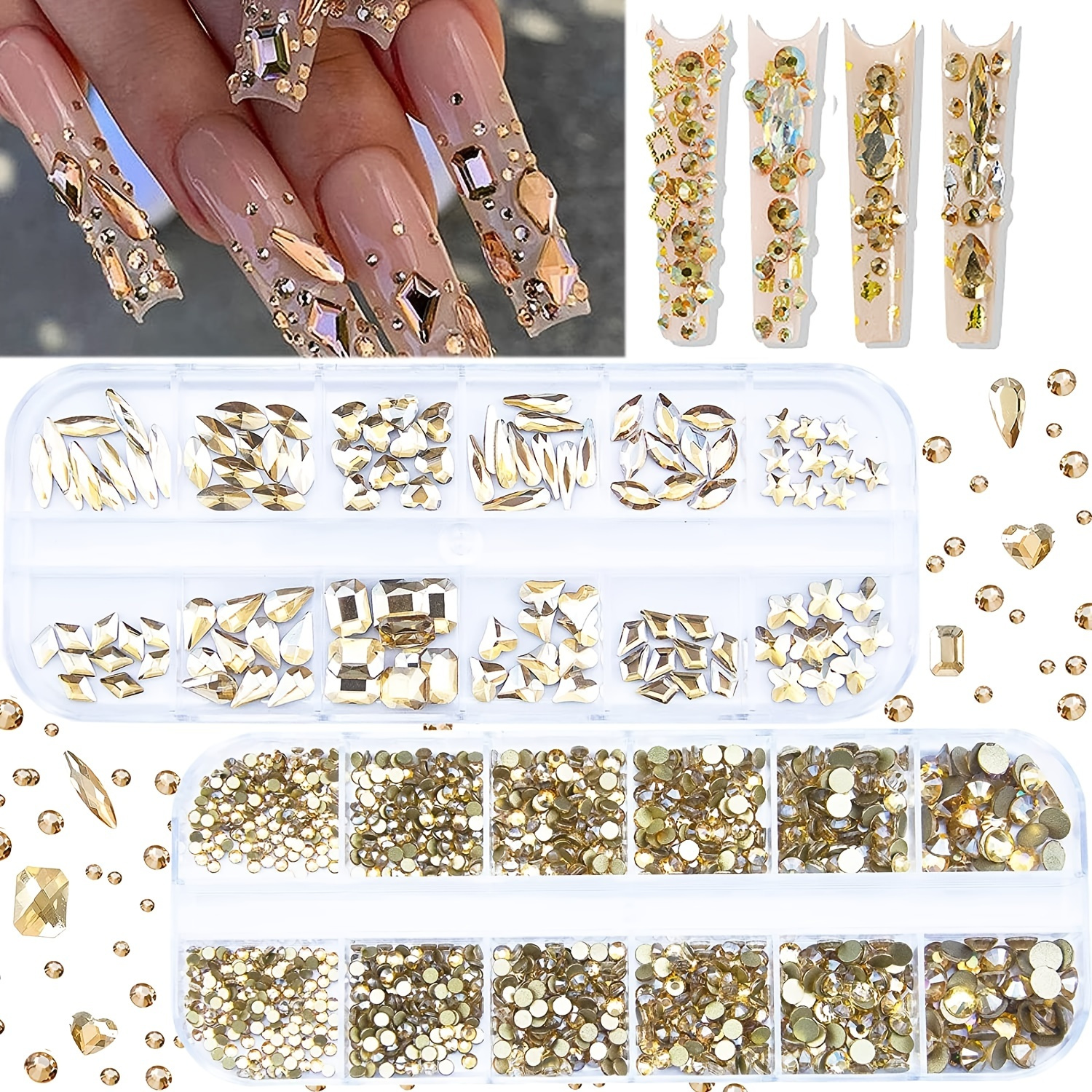 Snagshout  Gold Rhinestones for Nails - 3100pcs Crystals Nail Gems  Diamonds Jewels for Nails Design, 12 Types of 600 Big Diamonds + 2500  Flat-Bottomed Rhinestones Kit, Swarovski Nail Crystals Nail Supplies Kit