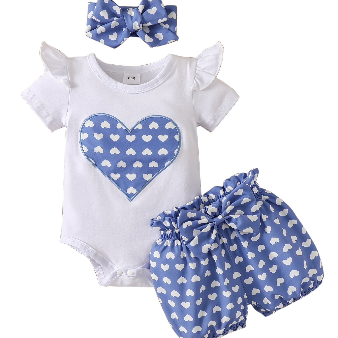 

Baby Girl's Cute Heart Graphic Set -- Cotton Ruffle Short Sleeve Bodysuit + Shorts + Headband, Children's Summer Clothes
