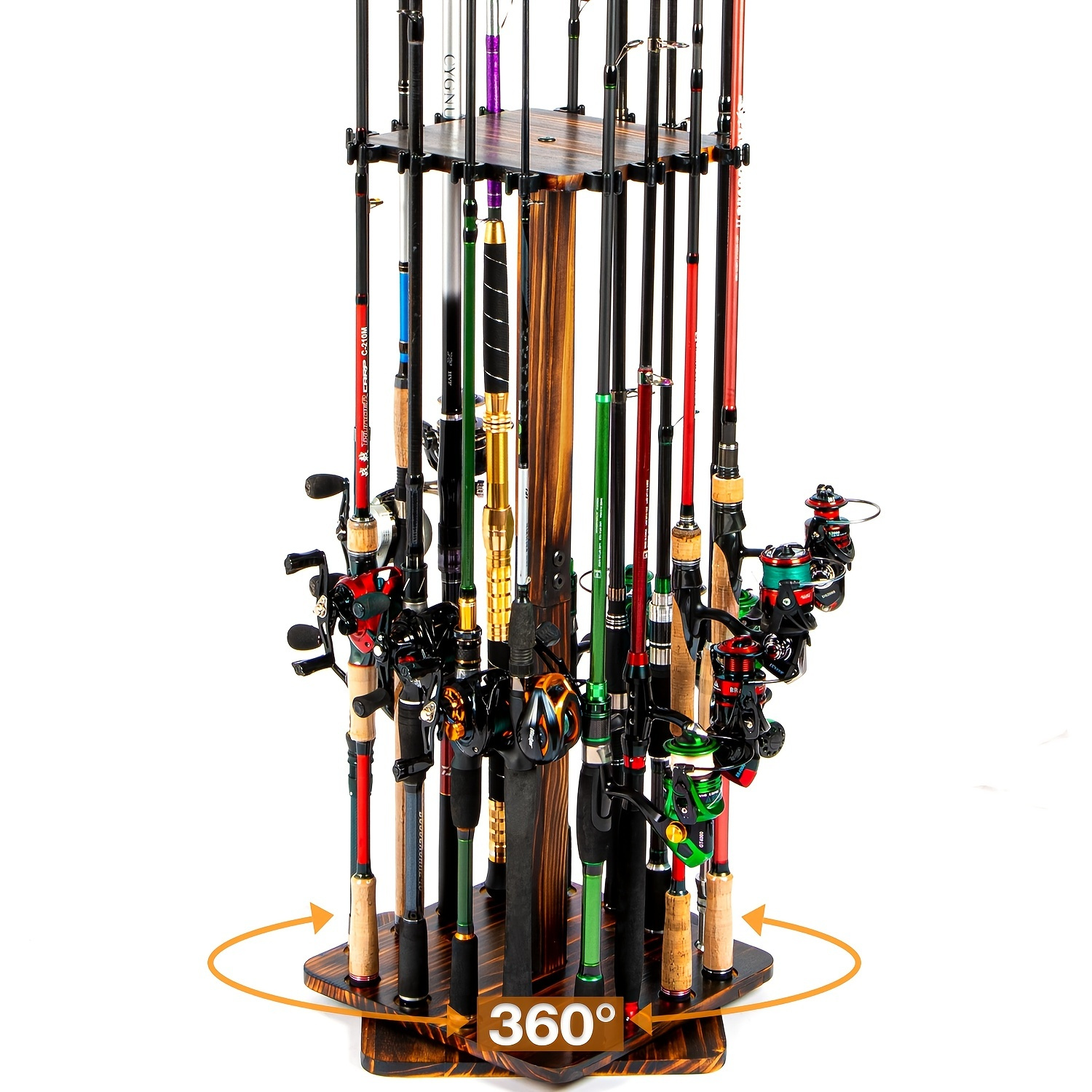

Fishing Rod Pole Holders Rack, 360 Degree Rotating Garage Pole Floor Stand Holds Up To 16 Rods Wood Vertical Upright Fishing Gear Equipment Storage Organizer,
