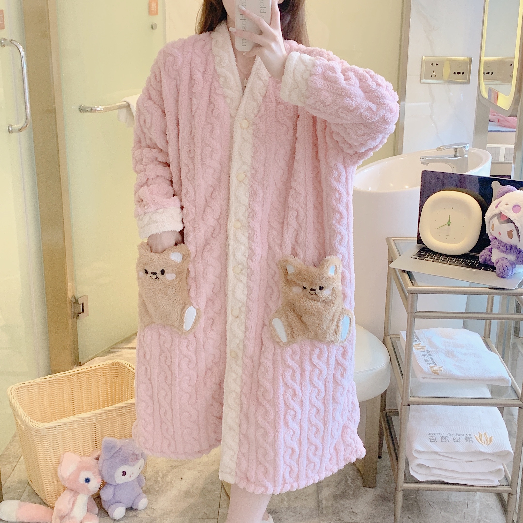 Long Sleeve Cardigan Robe, Thickened & Fuzzy Button Up Lounge Robe With  Pockets, Women's Sleepwear