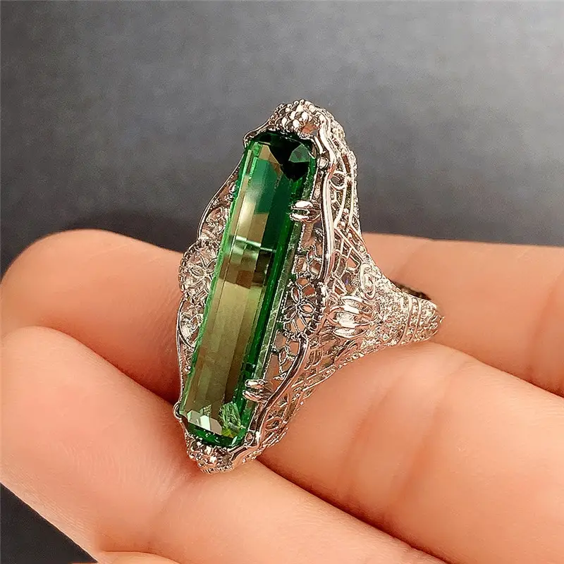 vintage hollow pattern green zircon womens cocktail ring temperament womens hand jewelry party decoration details 1