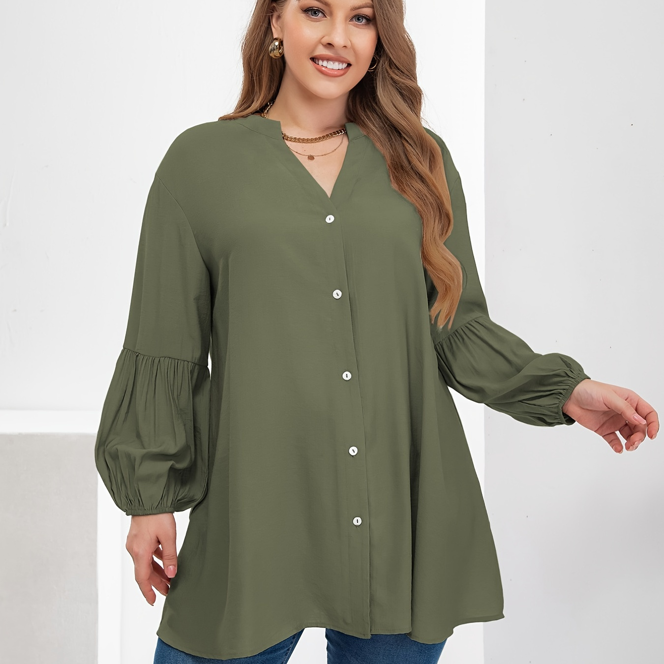 Plus Size Solid V-neck Puff Sleeve Blouse, Women's Sleeve V Neck Button ...