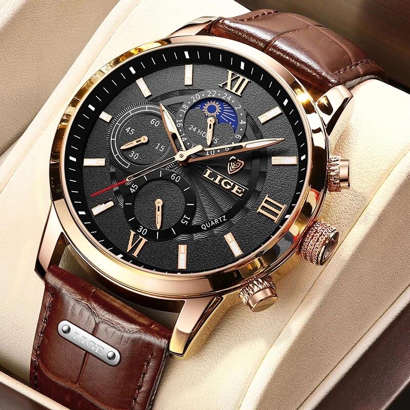 Lige mens watches leather casual quartz watch men s sport waterproof
