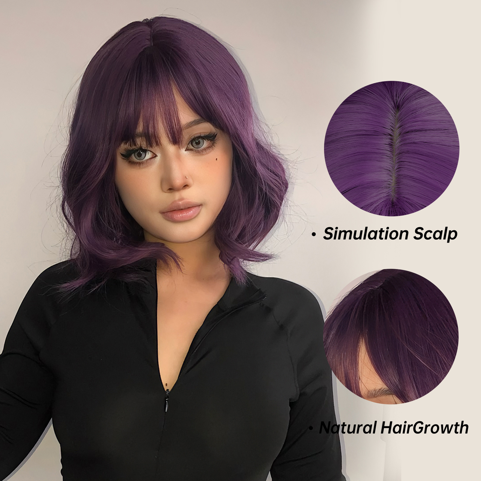 Natural Looking Purple Bob Wig Bangs Women Girls Short Curly Temu 