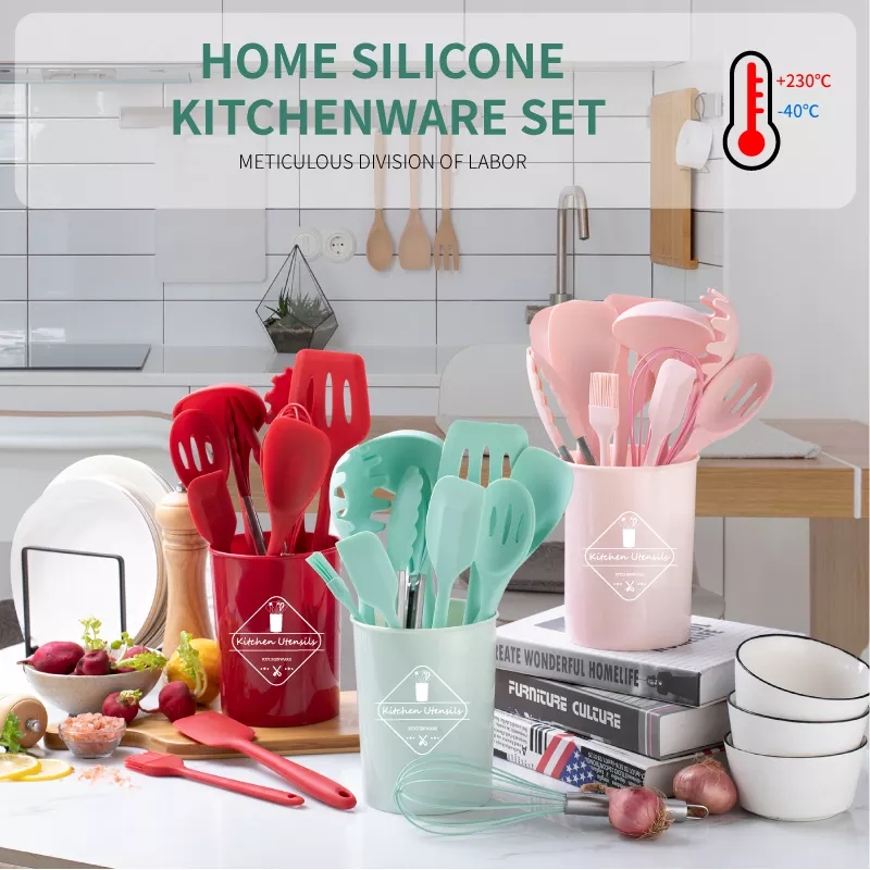 Silicone Utensil Set With Plastic Kitchen Tools Holder - Temu