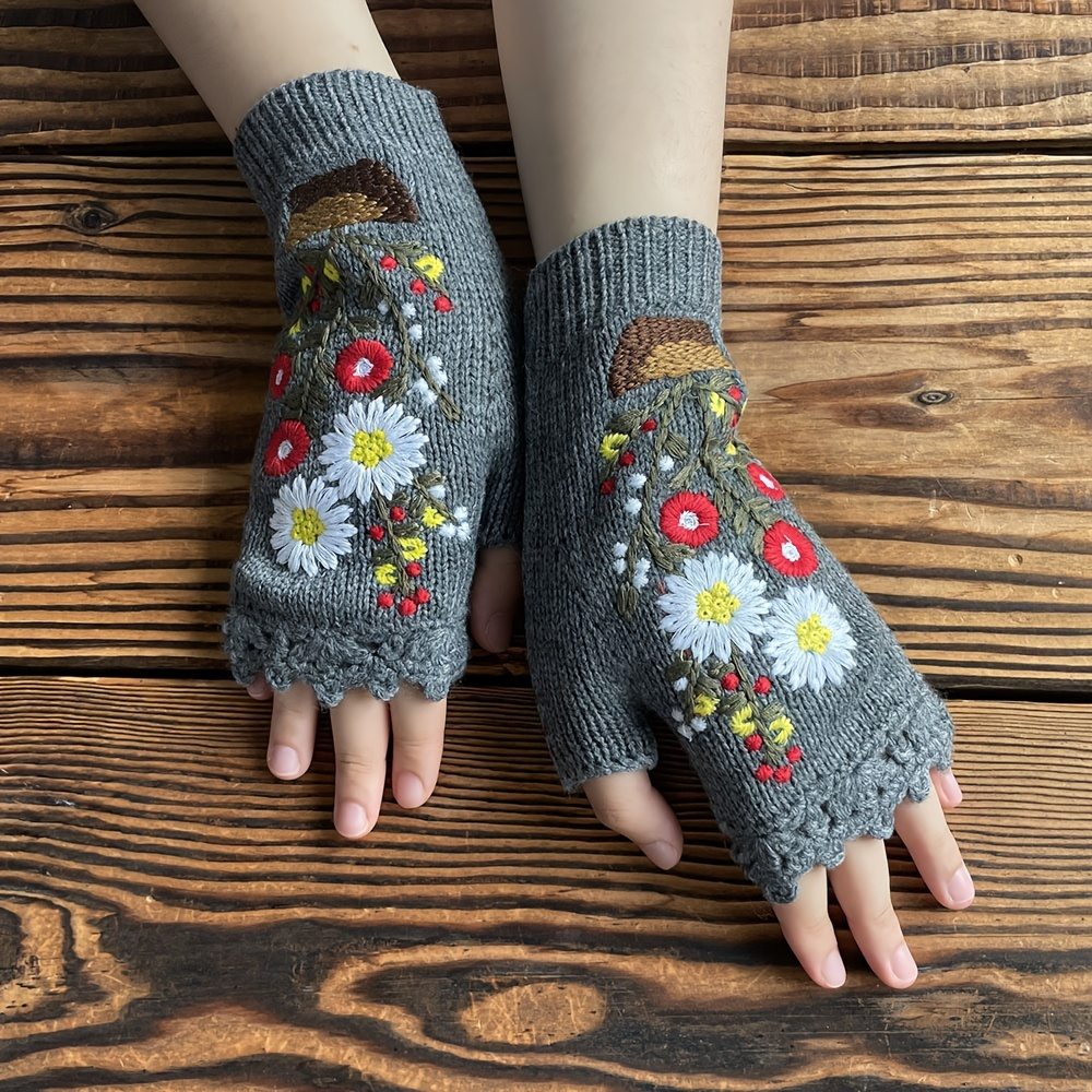 Short Flower Embroidered Knit Gloves Stylish Fingerless - Temu
