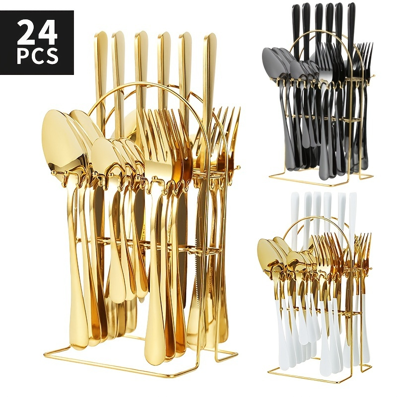 24pcs Stainless Steel Tableware Set, Flatware Set With Holder, Basic Tableware Kitchen Utensils Gift Set, Silverware Set For Home And Dinner Party, Kitchen Accessories