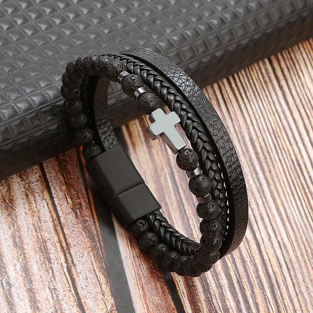 Men's Leather Cross Bracelet