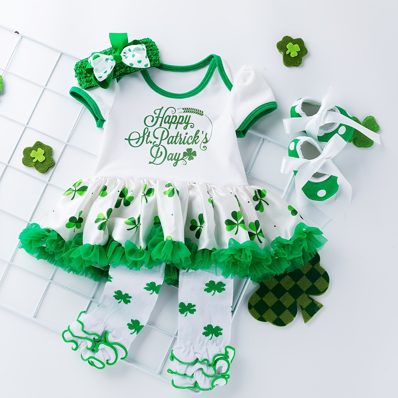 

Baby Girls St. Patrick's Day Outfits, Short Sleeve Bodysuit Dress + Knee High Socks + Crib Shoes + Headband Baby Clothes Summer