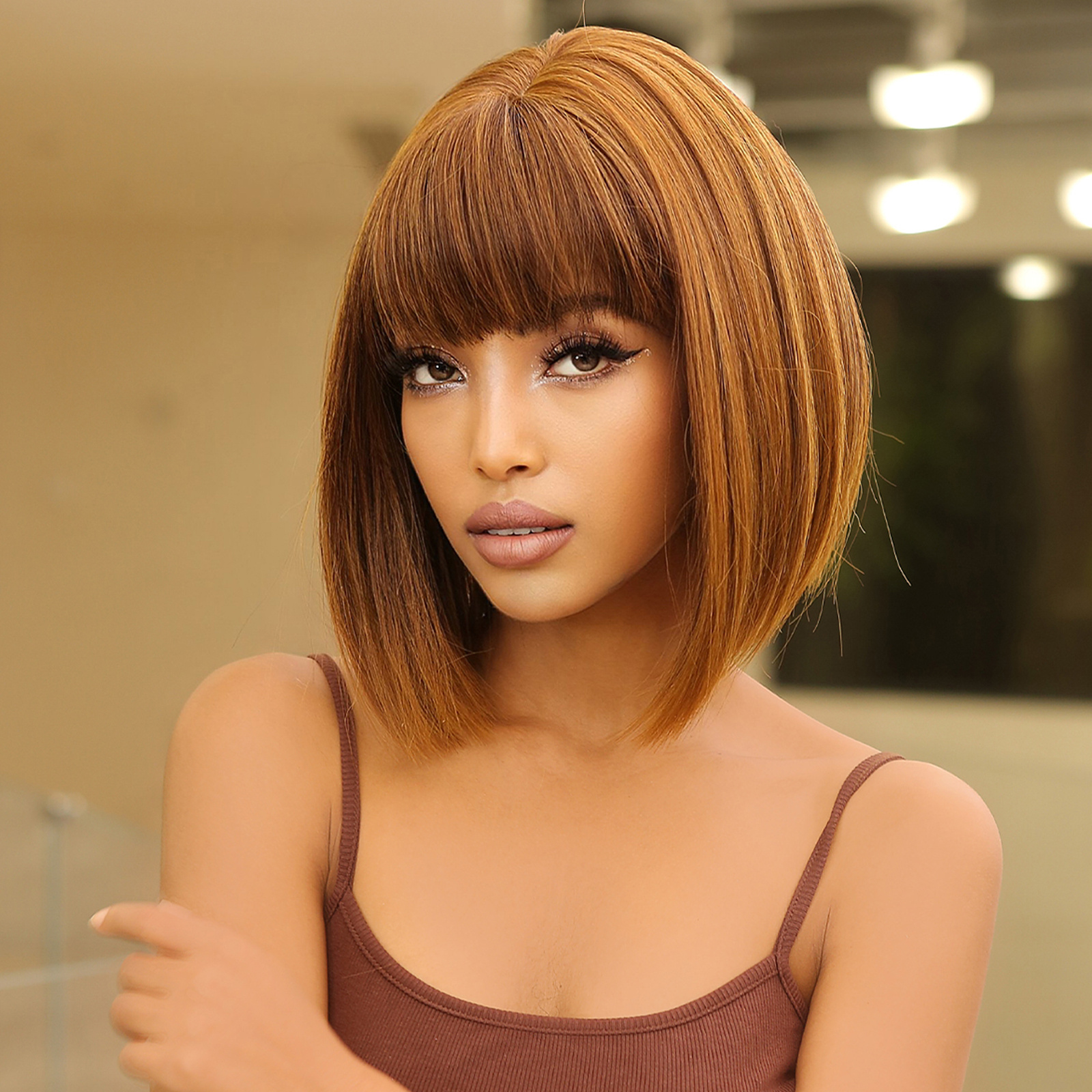 Sleek Stylish Short Brown Bob Wig Bangs Perfect Women Temu 