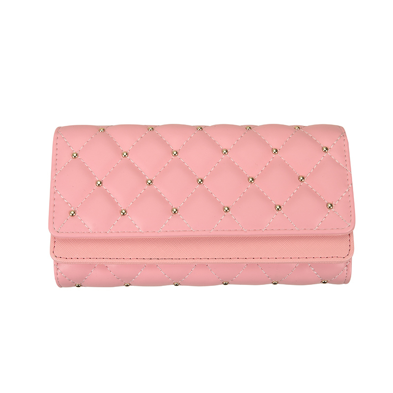 Quilted Pattern Long Wallet Trifold Studded Decor Pink