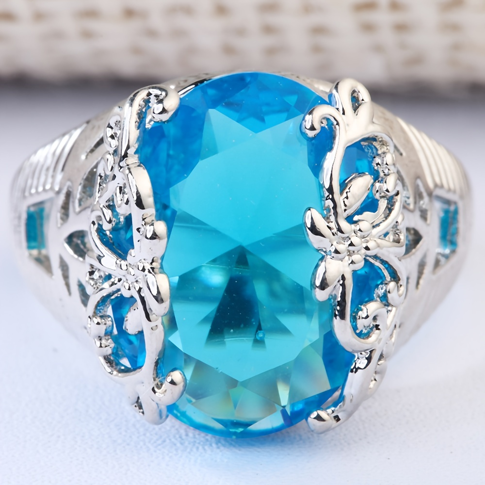 

Sea Blue Rhinestone Inlaid Ring Hollow Out Floral Pattern Ring Jewelry Gift