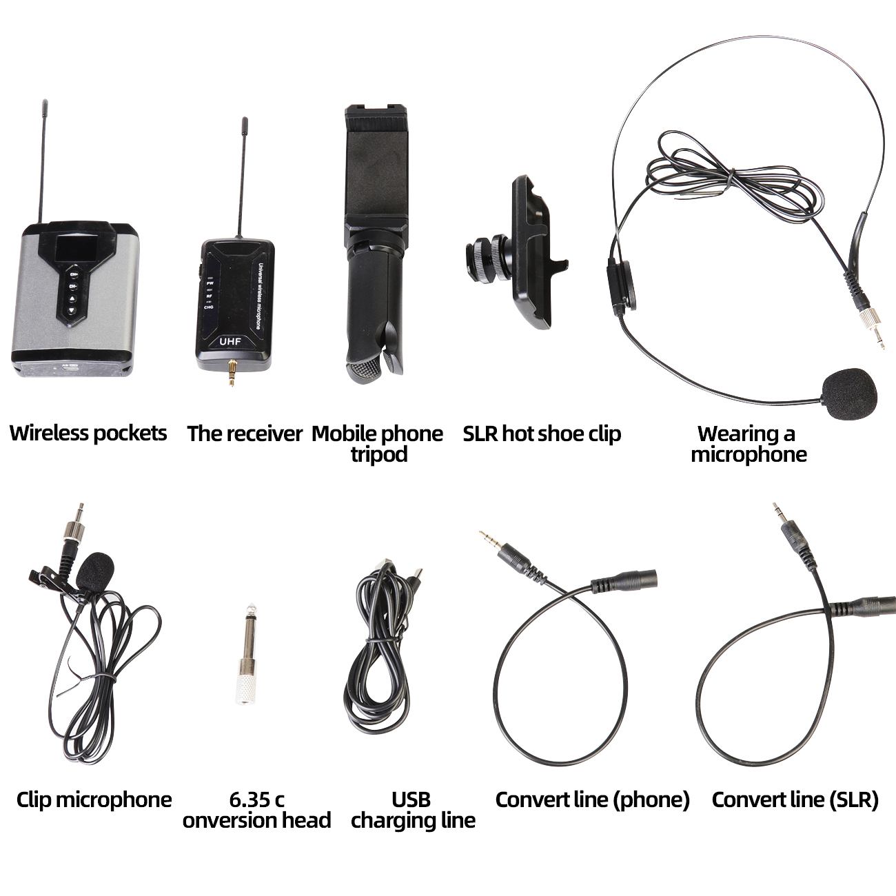 UHF Dual Channel Wireless Lavalier Microphone Lapel Mic for SLR