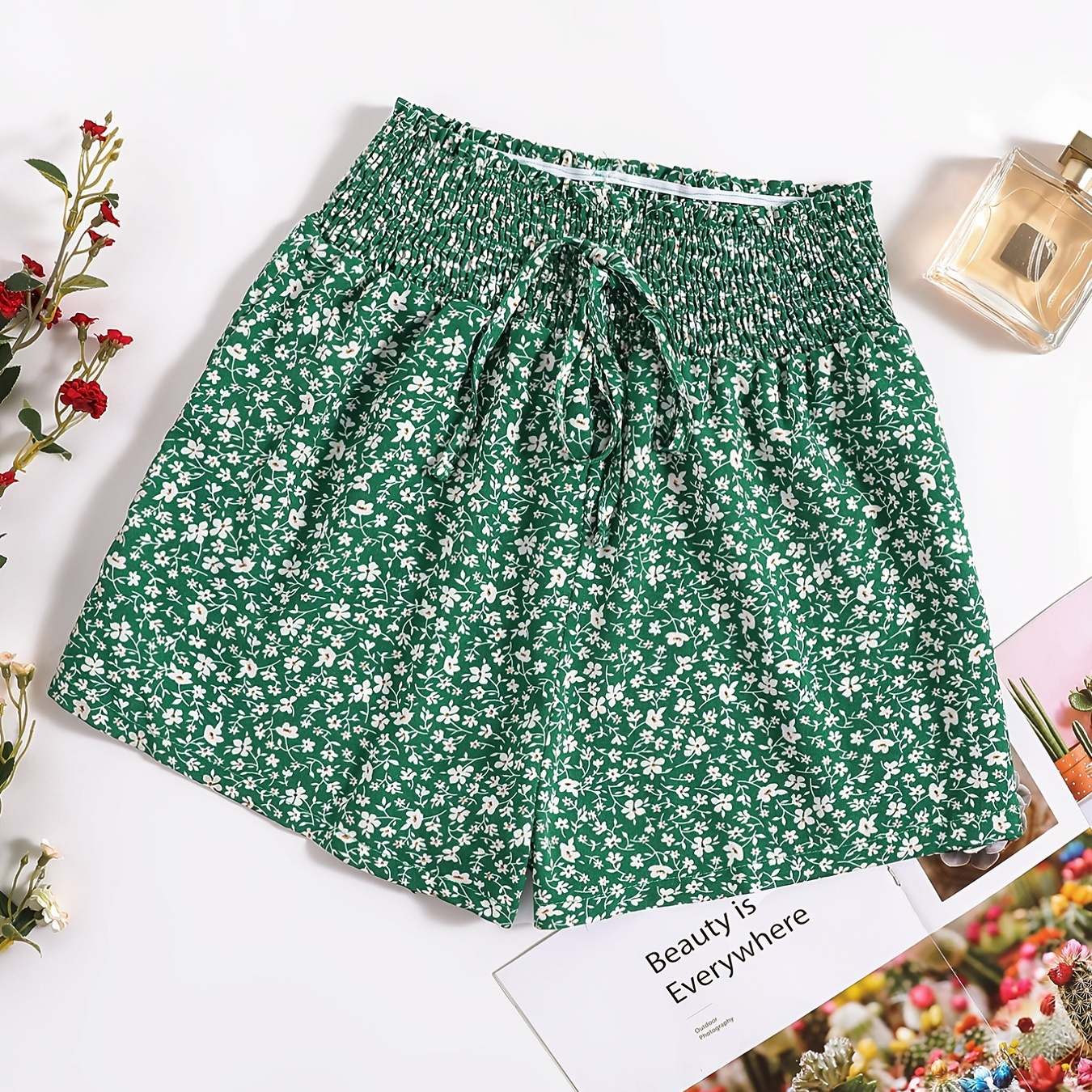 

Shirred Summer Loose Shorts, Sexy Floral Print Waist High Fashion Shorts, Women's Clothing