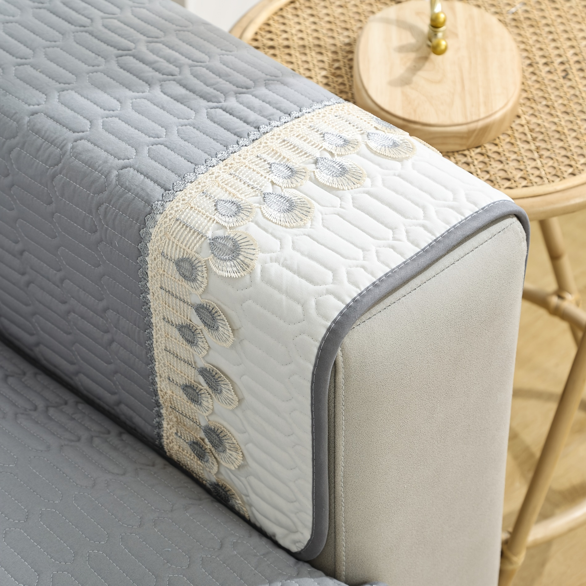 Elevate Your Sofa with a Stylish 27*27 Feather Lace Decor Quilted Back Cover/Armrest