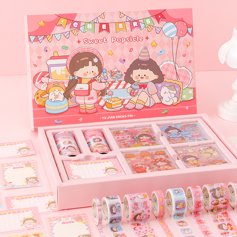 9pcs/box Kawaii Sticker Washi Tape Set DIY Scrapbooking Diary Album  Decorative Stationery Cute Masking Tapes Kids Gift